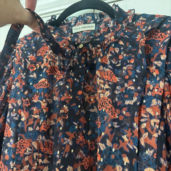 Ulla Johnson Silk Floral Long Sleeve Metallic Edith Blouse Size 2 Small Navy Top - Picture 5 of 16